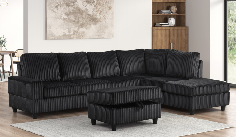 ALTURA 3PC BLACK CORDUROY SECTIONAL & OTTOMAN SET
