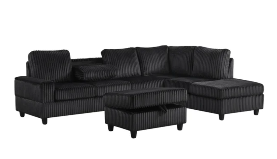 ALTURA 3PC BLACK CORDUROY SECTIONAL & OTTOMAN SET
