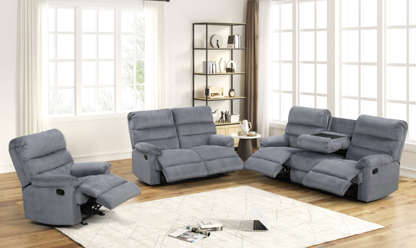 ALBERT 3PC RECLINING SET IN GRAY CORDUROY FABRIC