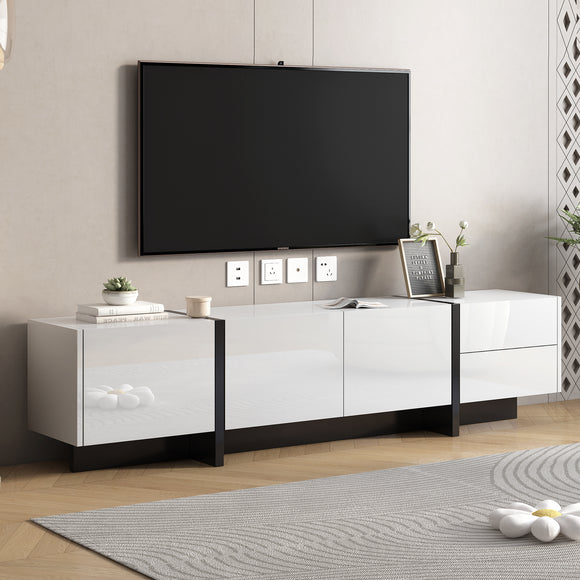 [VIDEO provided] ON-TREND White & Black Contemporary Rectangle Design TV Stand, Unique Style TV Console Table for TVs Up to 80'', Modern TV Cabinet with High Gloss UV Surface for Living Room.