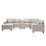 Nolan Beige Linen Fabric 7Pc Reversible Chaise Sectional Sofa with a USB, Charging Ports, Cupholders, Storage Console Table and Pillows and Interchangeable Legs