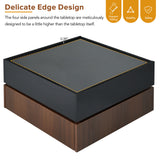 ON-TREND Multi-functional Square 360°Rotating Coffee Table with 2 Drawers, High Gloss 2-Tier Center Table with Swivel Tabletop and Storage, Walnut Table Frame Side Table for Living Room, Black