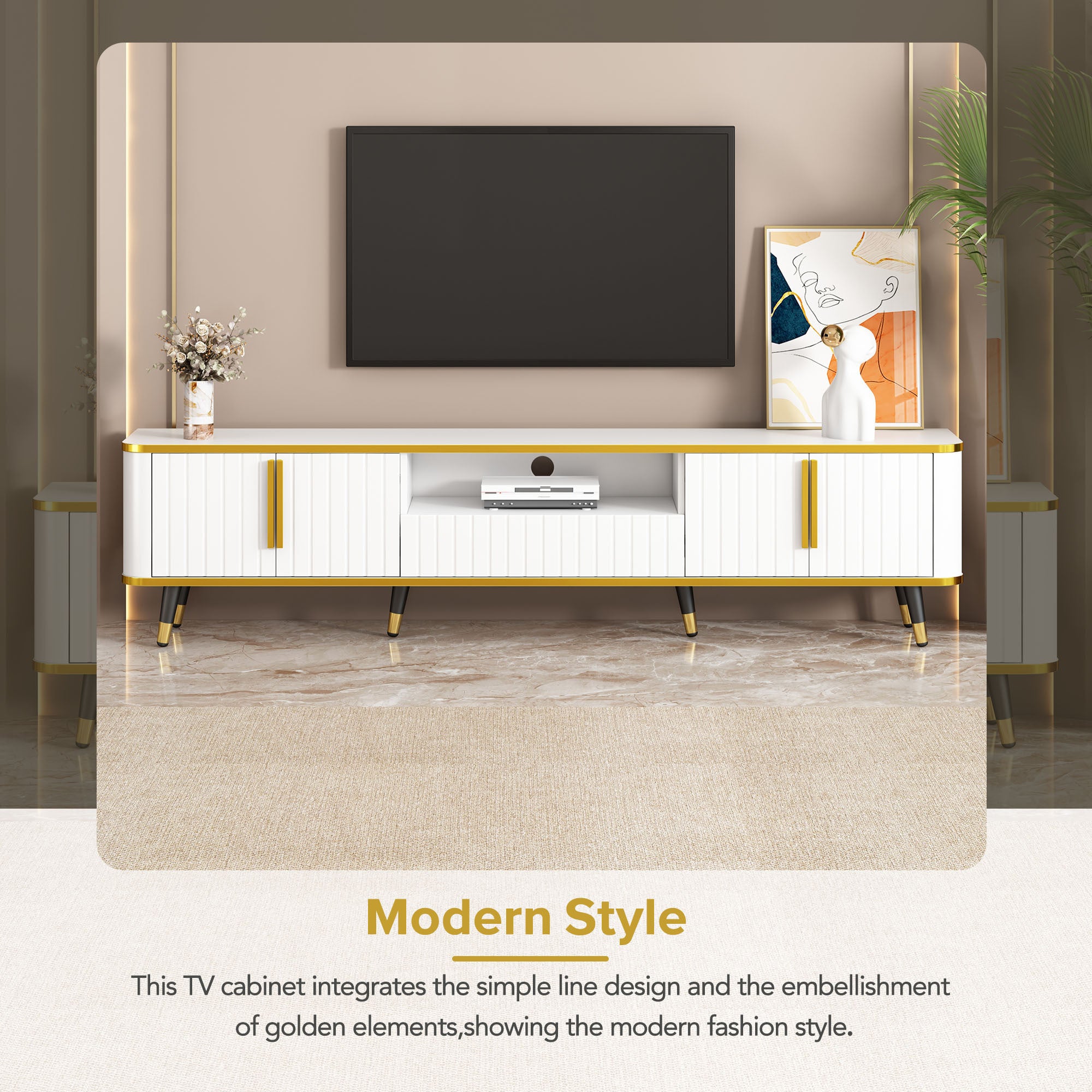 ON-TREND Luxury Minimalism TV Stand with Open Storage Shelf for TVs Up to 85", Entertainment Center with Cabinets and Drawers, Practical Media Console with Unique Legs for Living Room, White