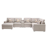 Nolan Beige Linen Fabric 7Pc Reversible Chaise Sectional Sofa with a USB, Charging Ports, Cupholders, Storage Console Table and Pillows and Interchangeable Legs