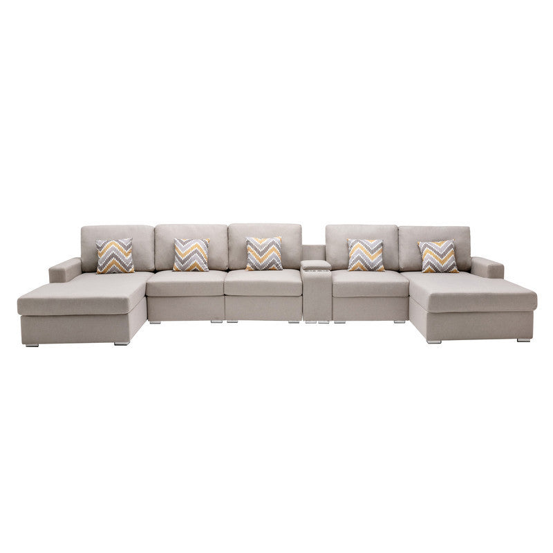 Nolan Beige Linen Fabric 6Pc Double Chaise Sectional Sofa with Interchangeable Legs, a USB, Charging Ports, Cupholders, Storage Console Table and Pillows