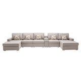 Nolan Beige Linen Fabric 6Pc Double Chaise Sectional Sofa with Interchangeable Legs, a USB, Charging Ports, Cupholders, Storage Console Table and Pillows