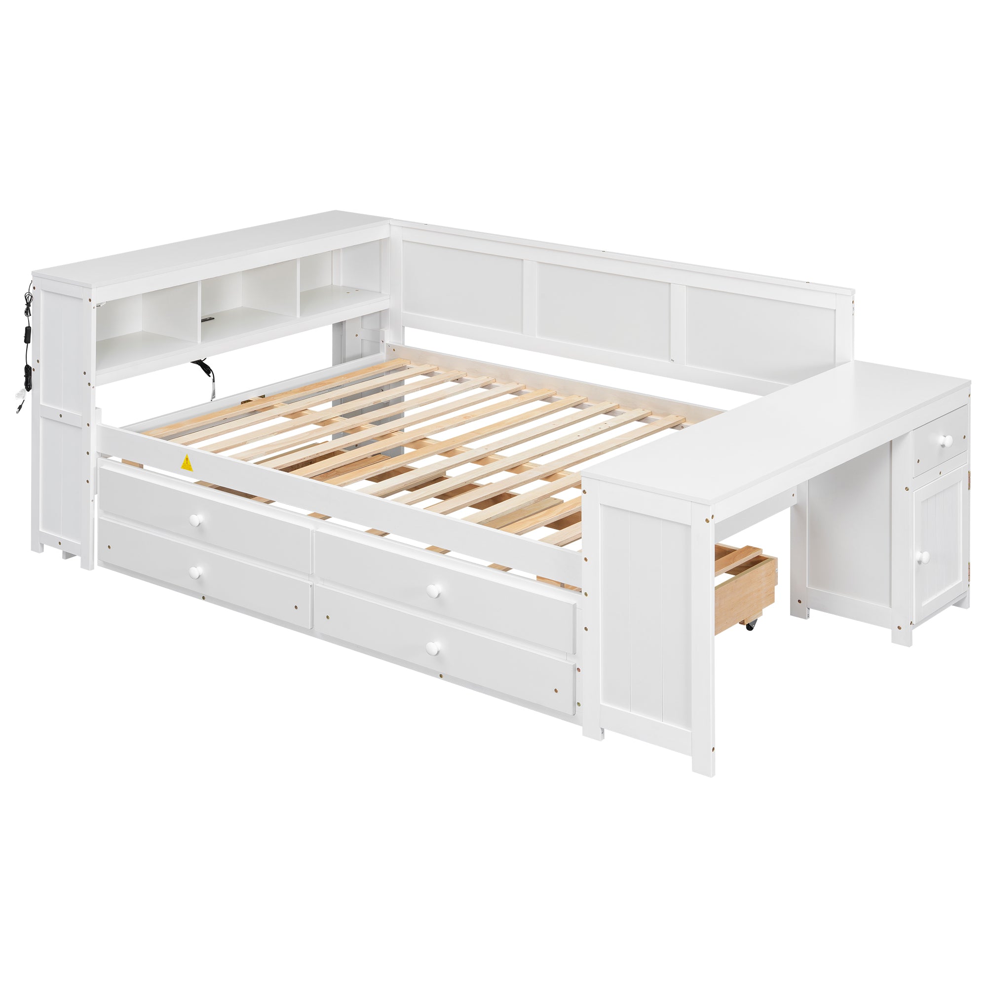 Modern Full Size Daybed with Storage Shelves, Drawers, Trundle, Charging Station, LED Light, Desk and Cabinet in White - Solid Wood+MDF