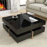 ON-TREND Modern High Gloss Coffee Table with 4 Drawers, Multi-Storage Square Cocktail Tea Table with Wood Grain Legs, Center Table for Living Room, 31.5''x31.5'', Black