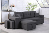 Dennis Dark Gray Linen Fabric Reversible Sleeper Sectional with Storage Chaise and 2 Stools