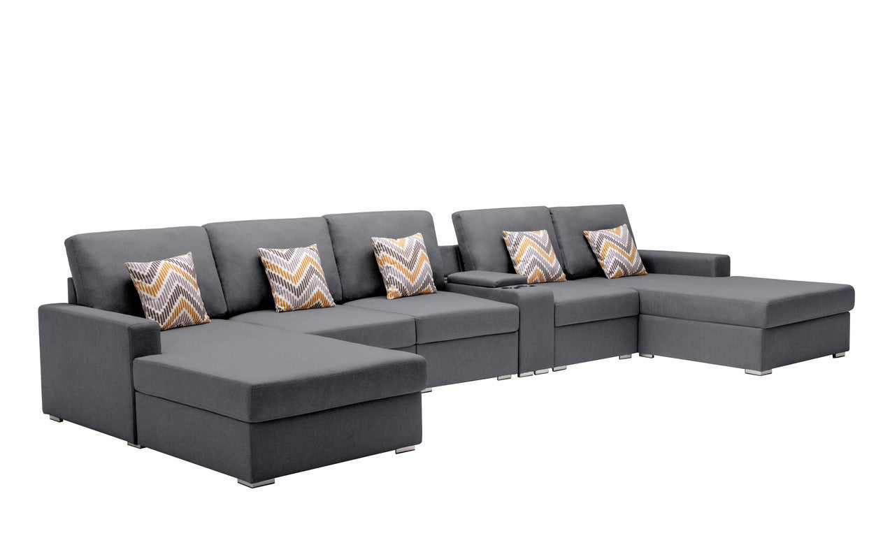 Nolan Gray Linen Fabric 6Pc Double Chaise Sectional Sofa with Interchangeable Legs, a USB, Charging Ports, Cupholders, Storage Console Table and Pillows