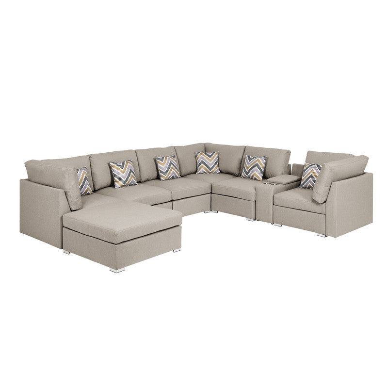 Amira Beige Fabric Reversible Modular Sectional Sofa with USB Console and Ottoman