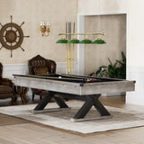 84" Pool Table with Billiard Balls, Cues, Pool Cue Chalk, Cleaning Brush, X-Legs, Black Cloth, Rustic Grey,84.1"L x 46.5"W x 32"H