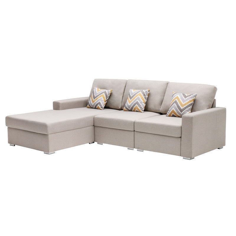 Nolan Beige Linen Fabric 3Pc Reversible Sectional Sofa Chaise with Pillows and Interchangeable Legs