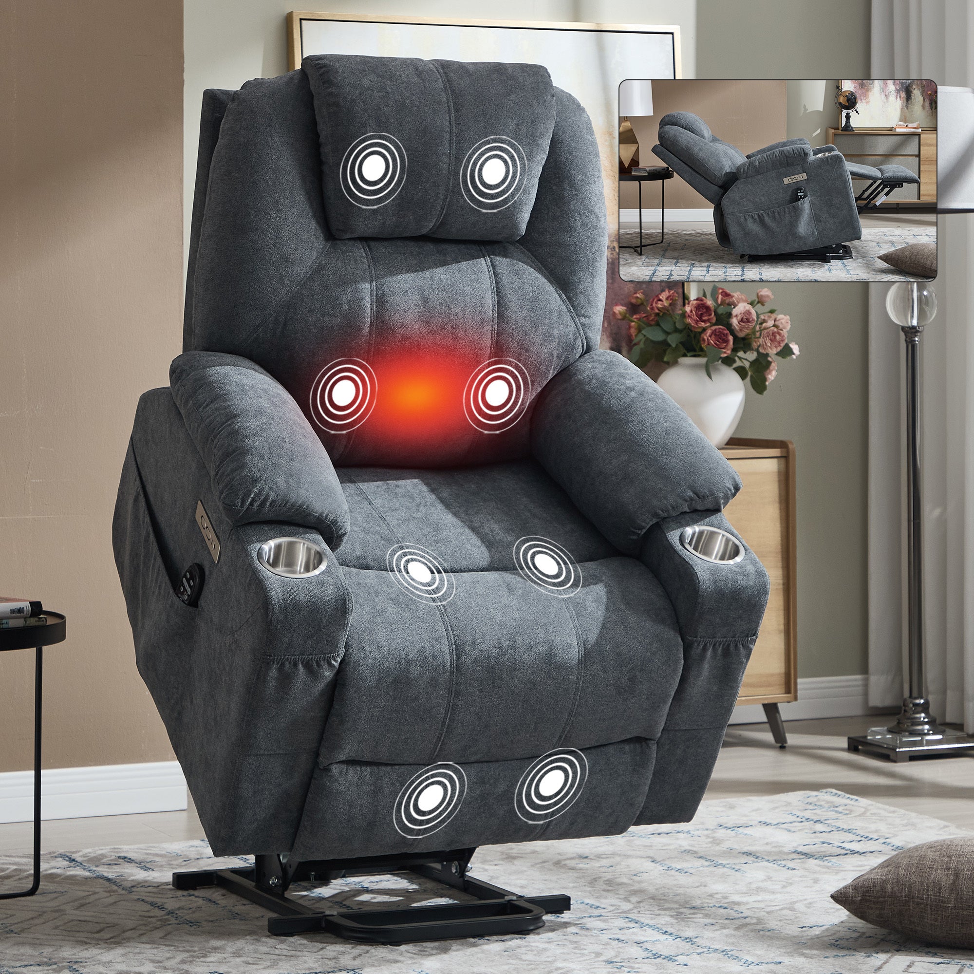 Up to 350 LBS polyester Power Lift Recliner Chair, Heavy Duty Motion Mechanism with 8-Point Vibration Massage and Lumbar Heating, USB and Type-C Ports, Stainless Steel Cup Holders, Grey