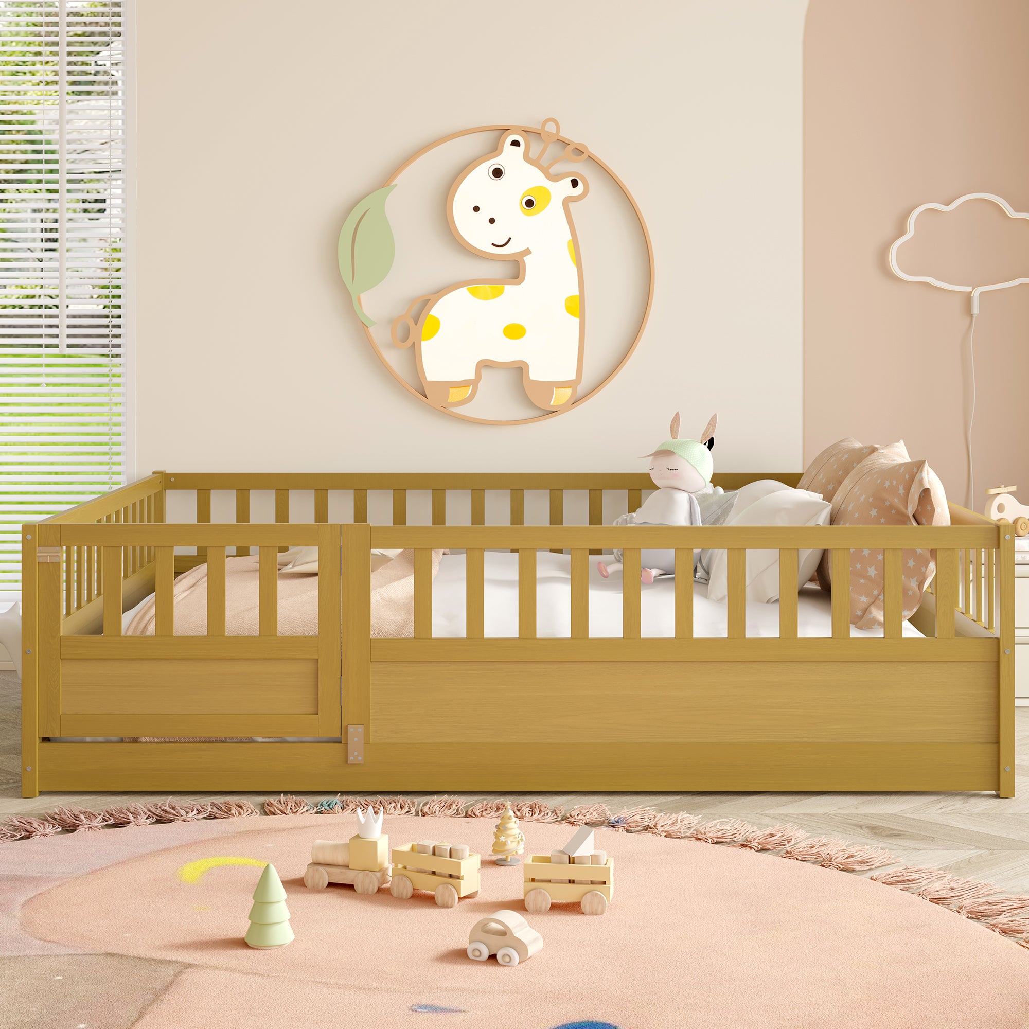 Full Size Floor bed, integral construction with super high security barrier, door, children's floor bed frame, Montessori wooden children's floor bed, Support  slat Natural Wood