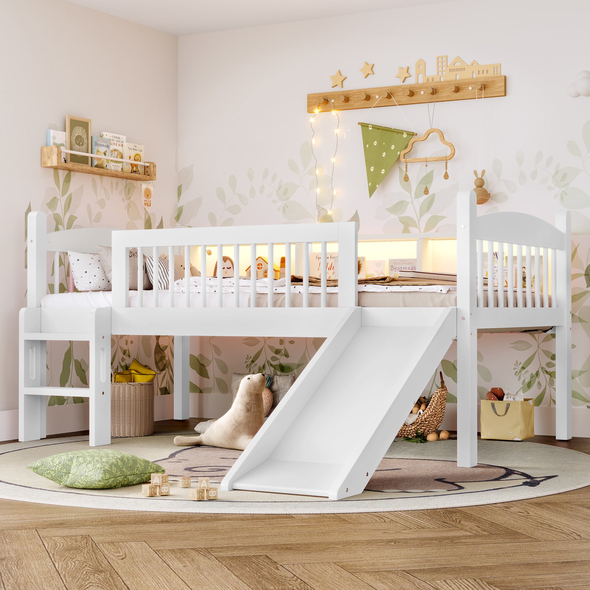 Twin XL Loft Bed with Storage Shelves, Solid Wood Lower Loft Bed with LED Lights and Full-length Guardrails, No Box Spring Needed, White