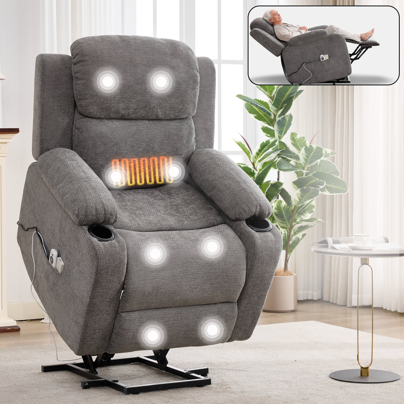 Infinite Position Single Motor Up to 350 LBS Power Lift Recliner Chair for Elderly, Heavy Duty Motion Mechanism with 8-Point Vibration Massage and Lumbar Heating, Cup Holders, Grey