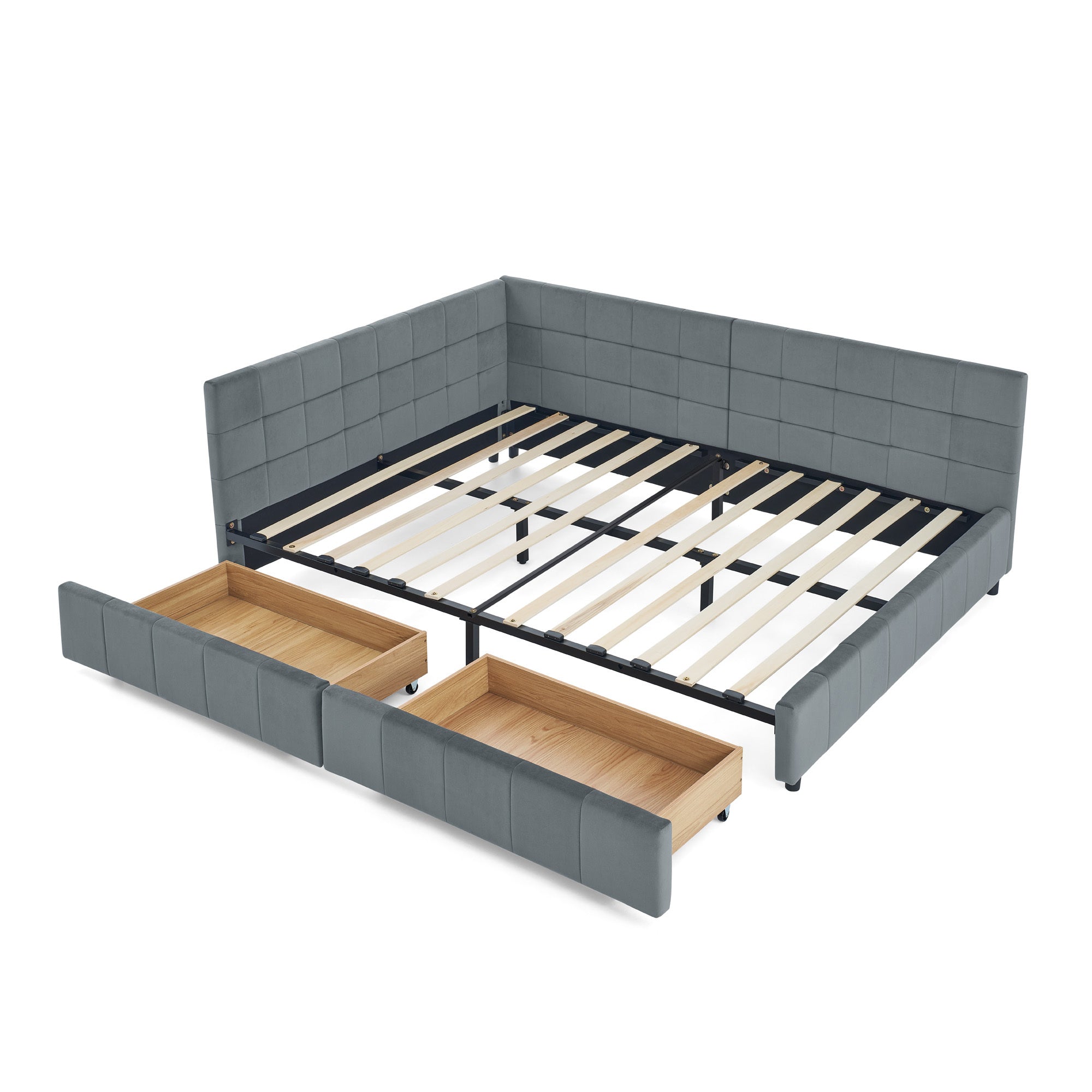 Mid-Century Upholstered Tufted Full Size Storage Bed Frame with Backrest and Armrests in Grey Velvet