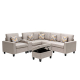 Nolan Beige Linen Fabric 7Pc Reversible Sectional Sofa with Interchangeable Legs, Pillows, Storage Ottoman, and a USB, Charging Ports, Cupholders, Storage Console Table