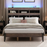 Walnut and Black 3 Pieces Bedroom Sets Mid Century Modern Style Queen Bed Frame with Bookshelf and LED Lights and USB Port and Two Nightstands