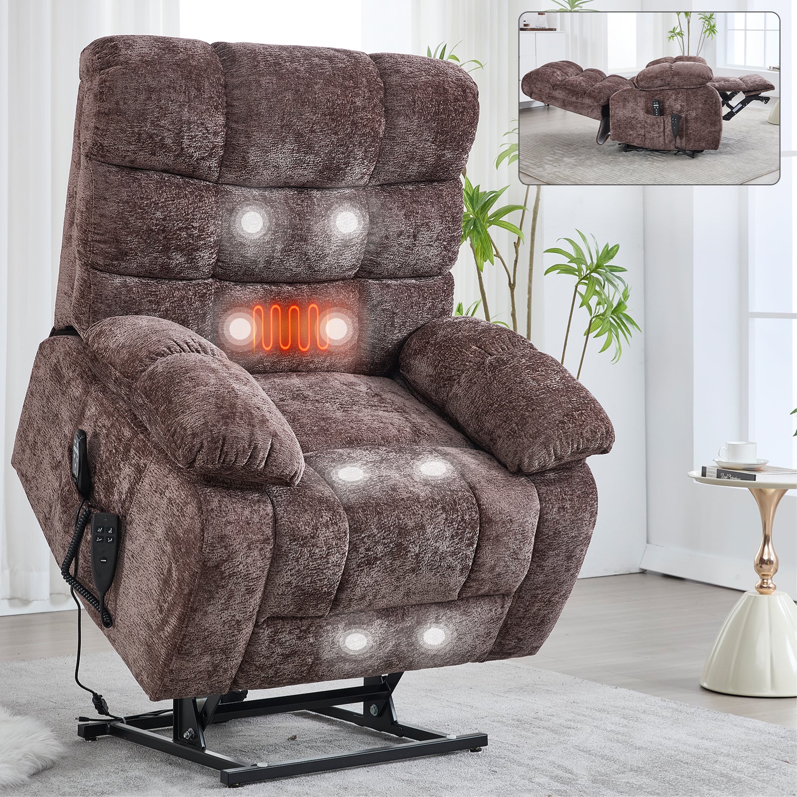 Lift Recliner Chair Heat Massage Dual Motor Infinite Position Up to 350 LBS Large Electric Power Lift Recliners with Power-Remote, Medium-firm and Heavy duty, Brown