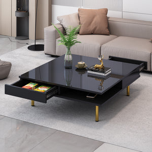 ON-TREND Exquisite High Gloss Coffee Table with 4 Golden Legs and 2 Small Drawers, 2-Tier Square Center Table for Living Room, Black