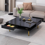 ON-TREND Exquisite High Gloss Coffee Table with 4 Golden Legs and 2 Small Drawers, 2-Tier Square Center Table for Living Room, Black