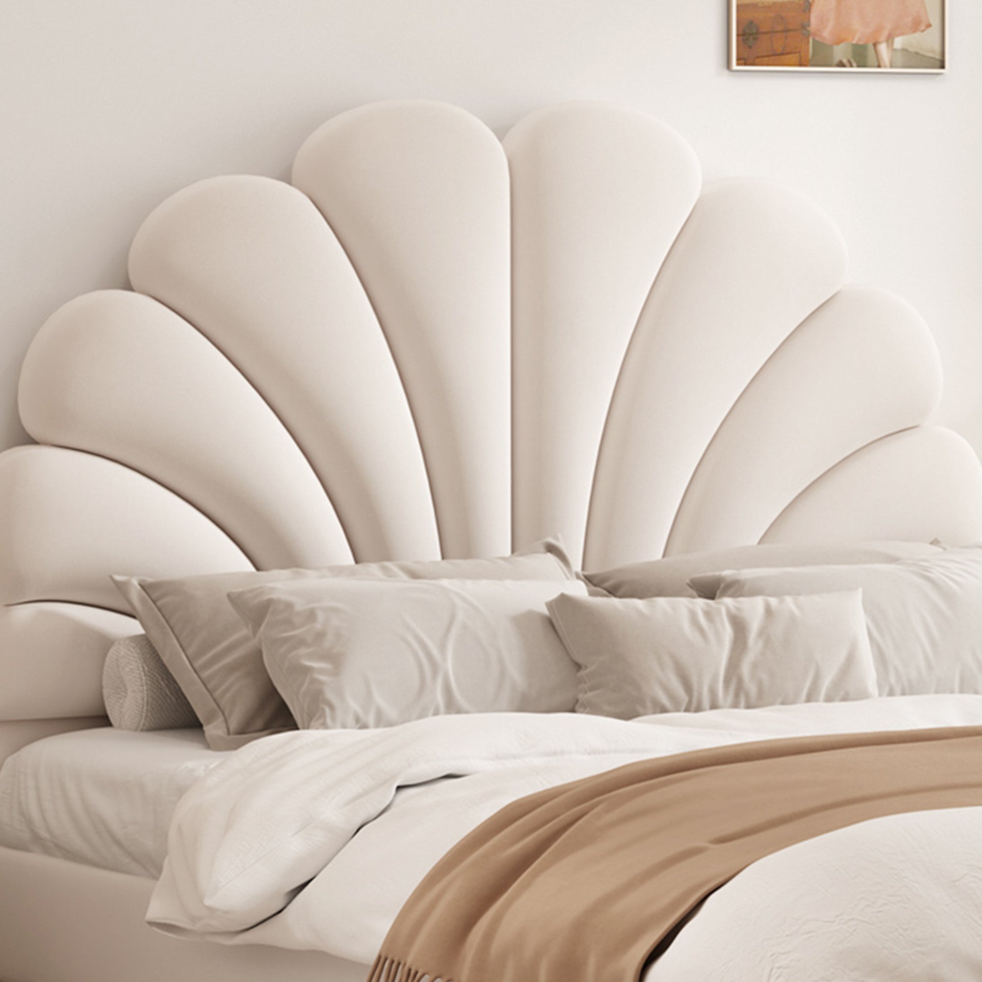 Modern Upholstered Leather Bed Frame with Petal shaped Headboard, Heavy Duty Platform Bed with Wood Slat Support