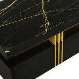 [VIDEO provided] ON-TREND Contemporary Coffee Table with Faux Marble Top, Rectangle Cocktail Table with Caster Wheels, Moderate Luxury Center Table with Gold Metal Bars for Living Room, Black