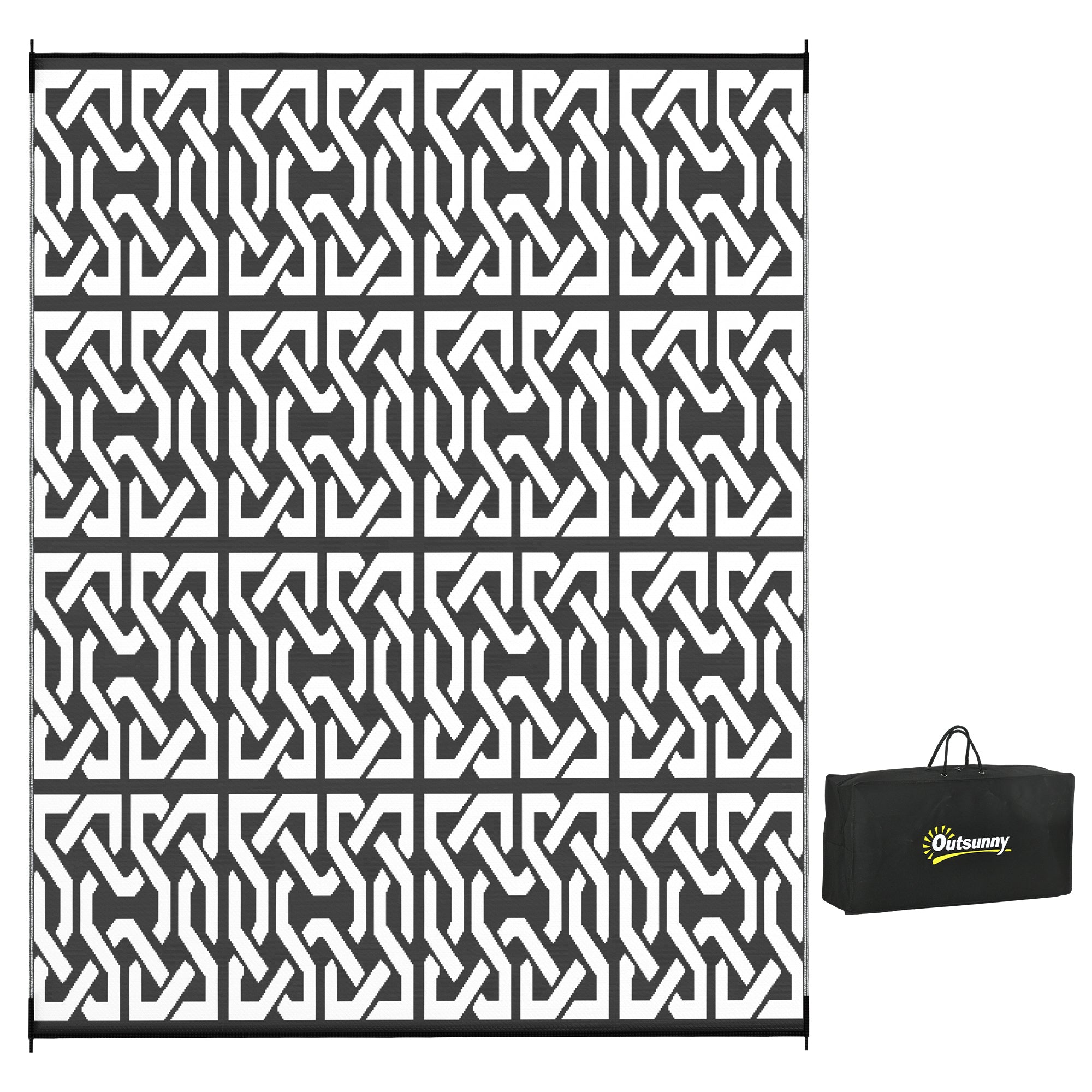 Outsunny Reversible Outdoor Rug, 8' x 10' Waterproof Plastic Straw Floor Mat, Portable RV Camping Carpet with Carry Bag, Large Floor Mat for Backyard, Deck, Picnic, Beach, Black & White Chain