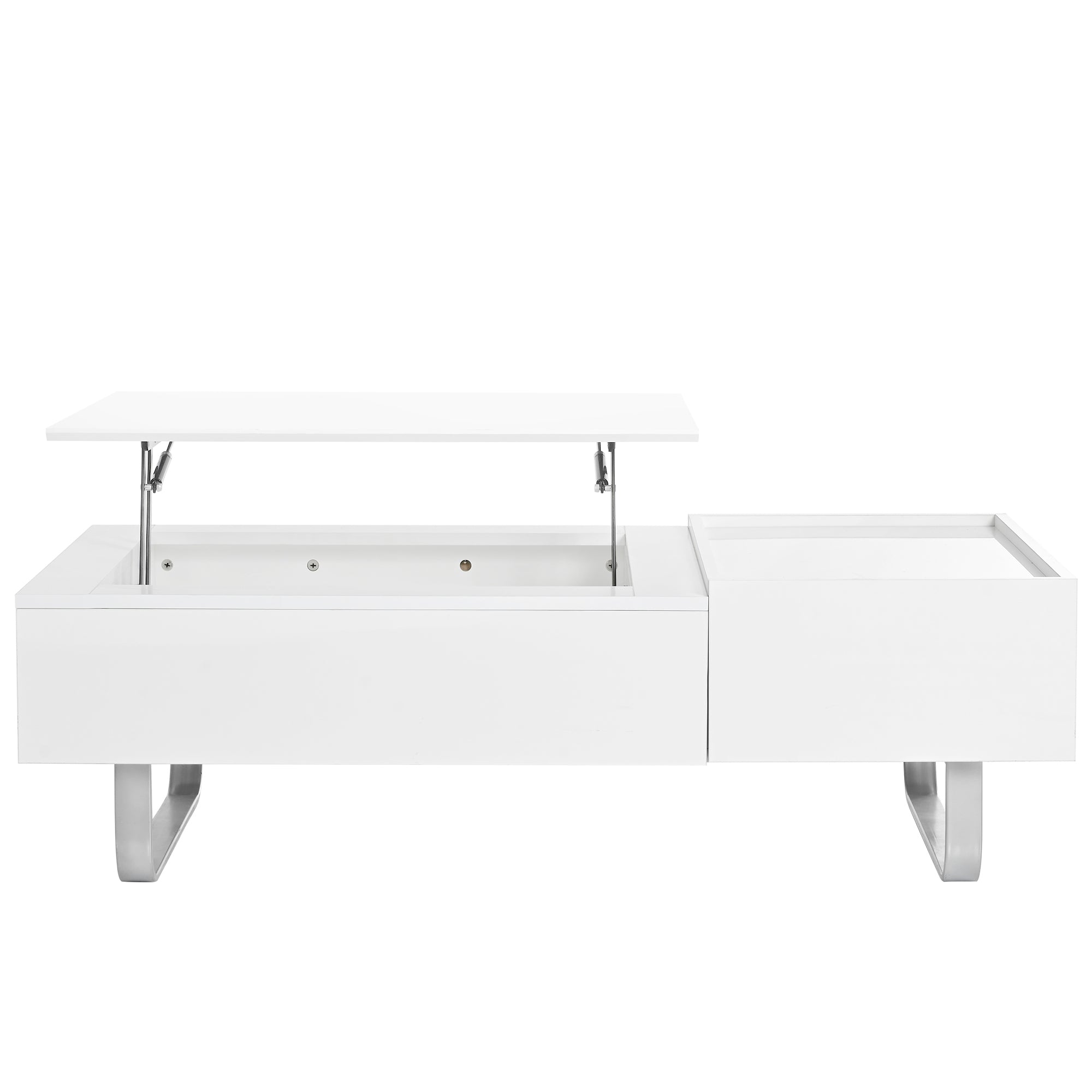 [VIDEO provided] ON-TREND Multi-functional Coffee Table with Lifted Tabletop, Contemporary Cocktail Table with Metal Frame Legs, High-gloss Surface Dining Table for Living Room, White