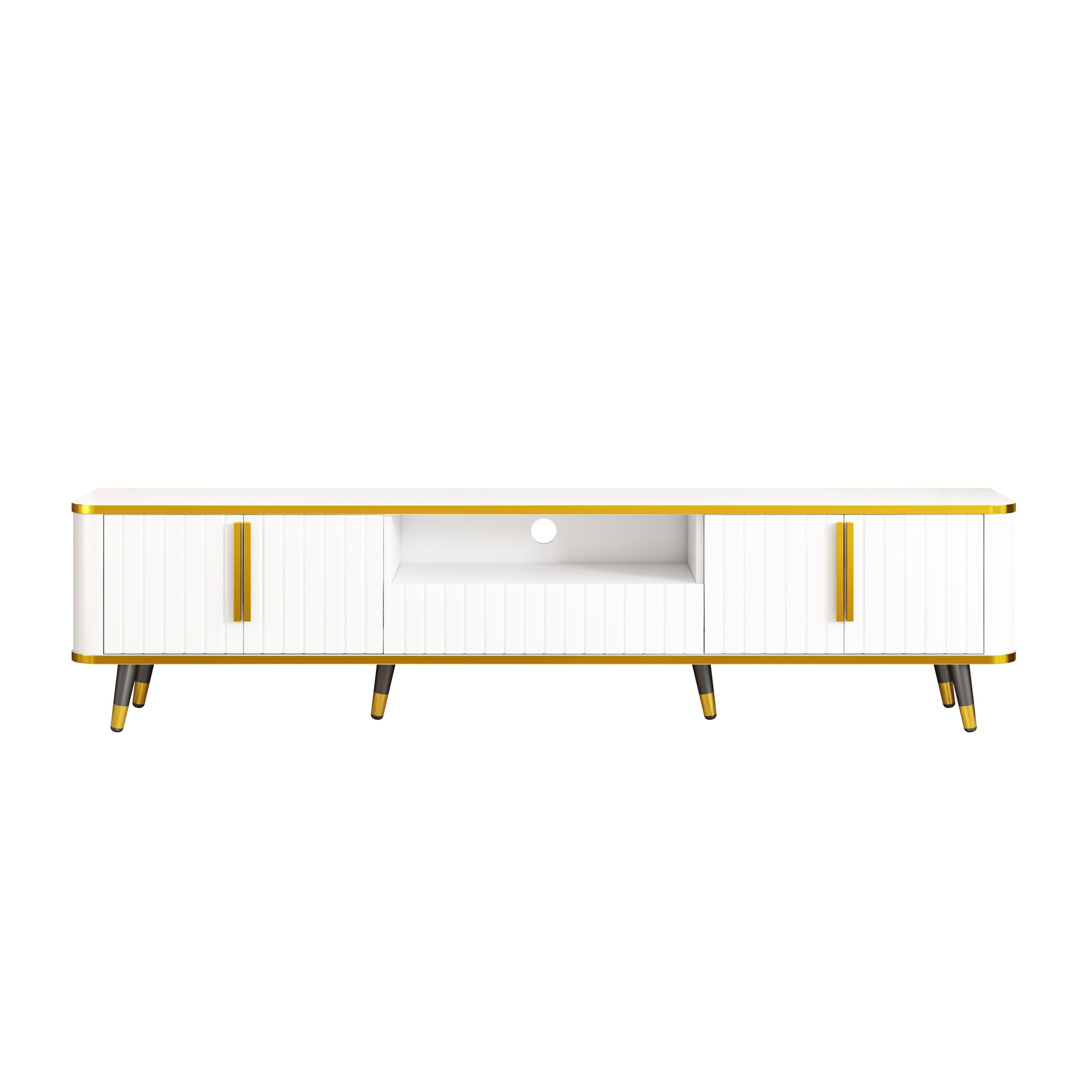 ON-TREND Luxury Minimalism TV Stand with Open Storage Shelf for TVs Up to 85", Entertainment Center with Cabinets and Drawers, Practical Media Console with Unique Legs for Living Room, White