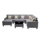 Nolan Gray Linen Fabric 7Pc Reversible Chaise Sectional Sofa with Interchangeable Legs, Pillows and Storage Ottoman