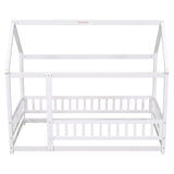 Twin Size Floor Wooden Bed with House Roof Frame, Fence Guardrails,White