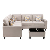 Nolan Beige Linen Fabric 6Pc Reversible Sectional Sofa with Pillows, Storage Ottoman, and Interchangeable Legs