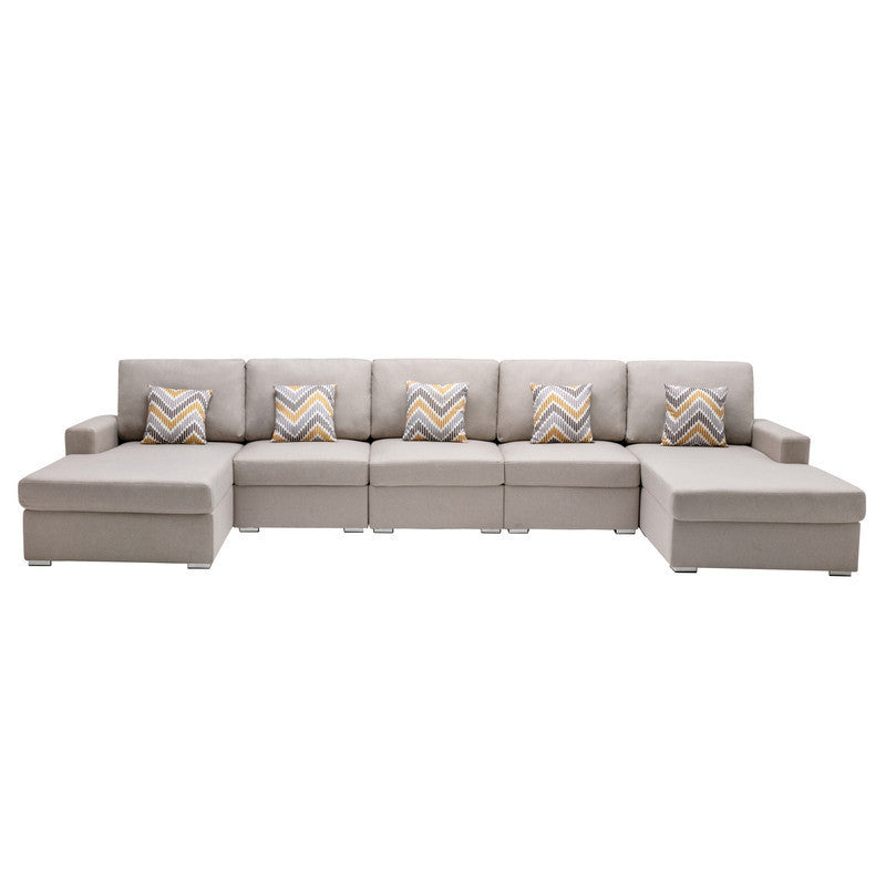 Nolan Beige Linen Fabric 5Pc Double Chaise Sectional Sofa with Pillows and Interchangeable Legs