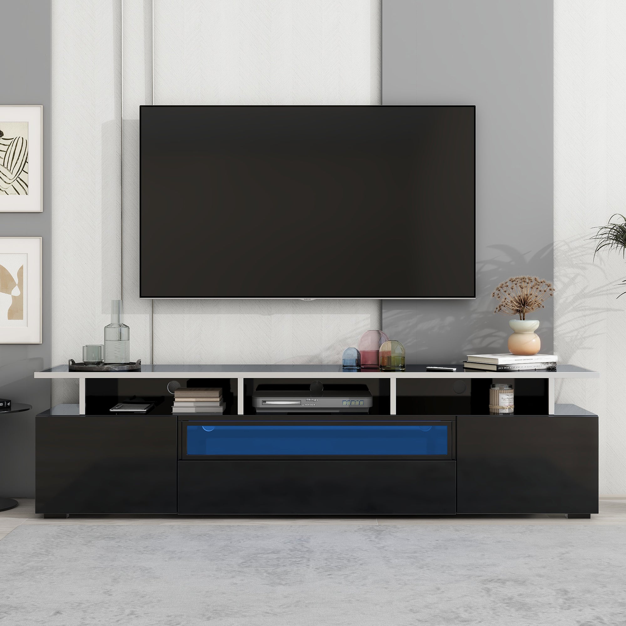 ON-TREND Modern TV Stand with Push to Open Doors, UV High-Gloss Entertainment Center with Acrylic Board for TVs Up to 80", Stylish TV Cabinet with LED Color Changing Lights for Living Room, Black