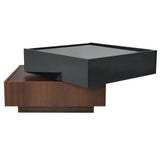 ON-TREND Multi-functional Square 360°Rotating Coffee Table with 2 Drawers, High Gloss 2-Tier Center Table with Swivel Tabletop and Storage, Walnut Table Frame Side Table for Living Room, Black