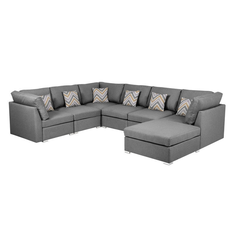 Amira Gray Fabric Reversible Modular Sectional Sofa with Ottoman and Pillows