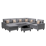 Nolan Gray Linen Fabric 8Pc Reversible Chaise Sectional Sofa with Interchangeable Legs, Pillows, Storage Ottoman, and a USB, Charging Ports, Cupholders, Storage Console Table