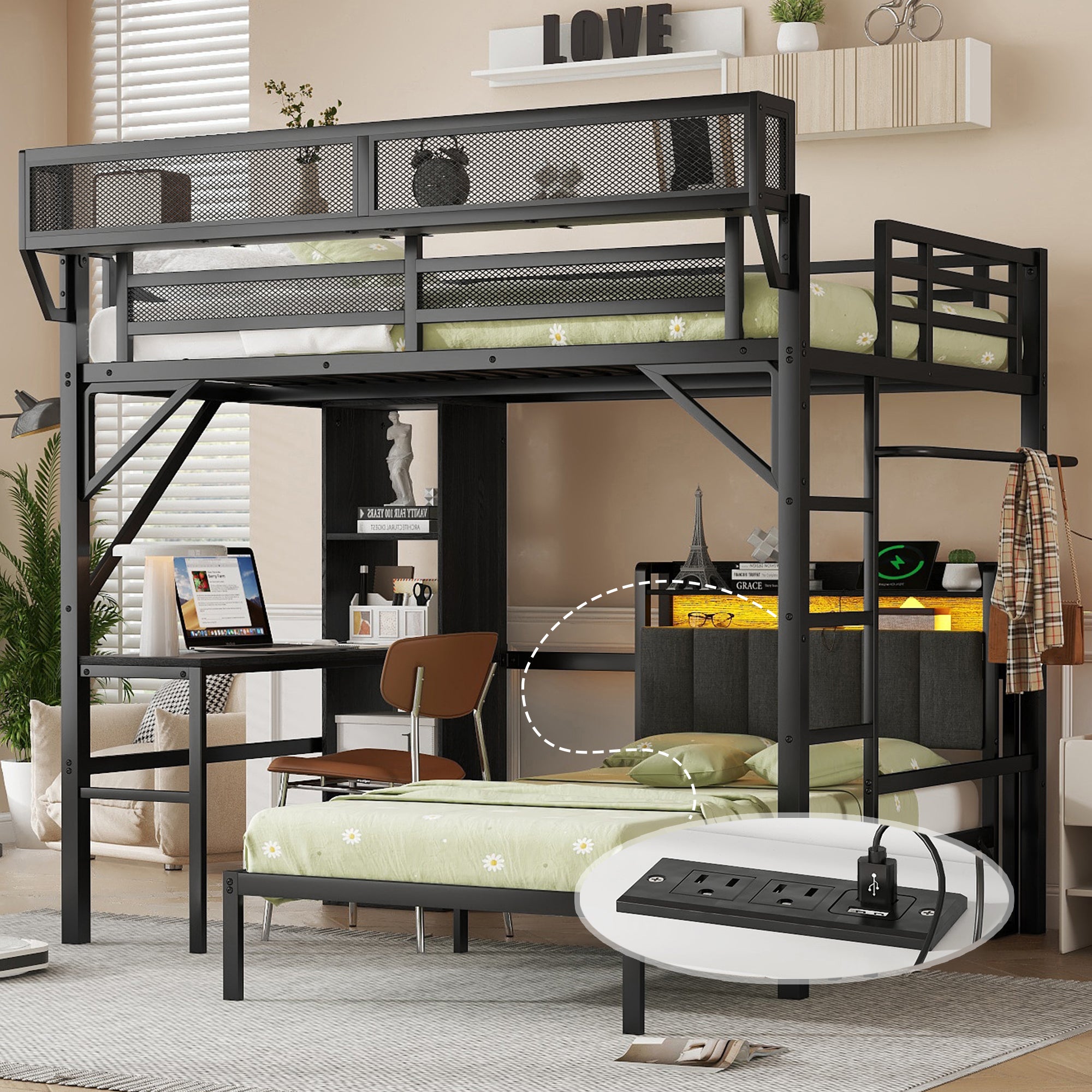 Full over Twin Metal Bunk Bed with Desk and Bookshelves, Detachable Metal Bunk Bed with LED and Charge Station, Black (Expect Arrival Date 2025/10/5)