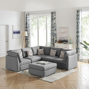 Amira 95.3" Gray Fabric Reversible Sectional Sofa with Ottoman and Pillows