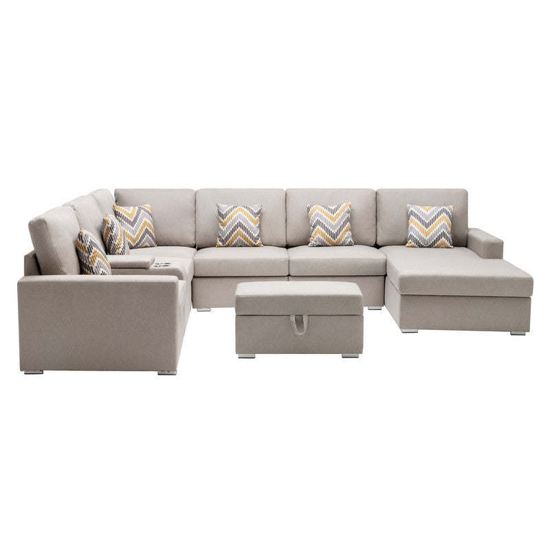 Nolan Beige Linen Fabric 8Pc Reversible Chaise Sectional Sofa with Interchangeable Legs, Pillows, Storage Ottoman, and a USB, Charging Ports, Cupholders, Storage Console Table