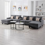 Nolan Gray Linen Fabric 6Pc Double Chaise Sectional Sofa with Interchangeable Legs, a USB, Charging Ports, Cupholders, Storage Console Table and Pillows