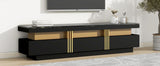 ON-TREND Luxury TV Stand with High Gloss Faux Marble Top for TVs Up to 78'', Rectangle Media Console with Golden Panel Design, Practical Entertainment Center with 3 Drawers for Living Room, Black