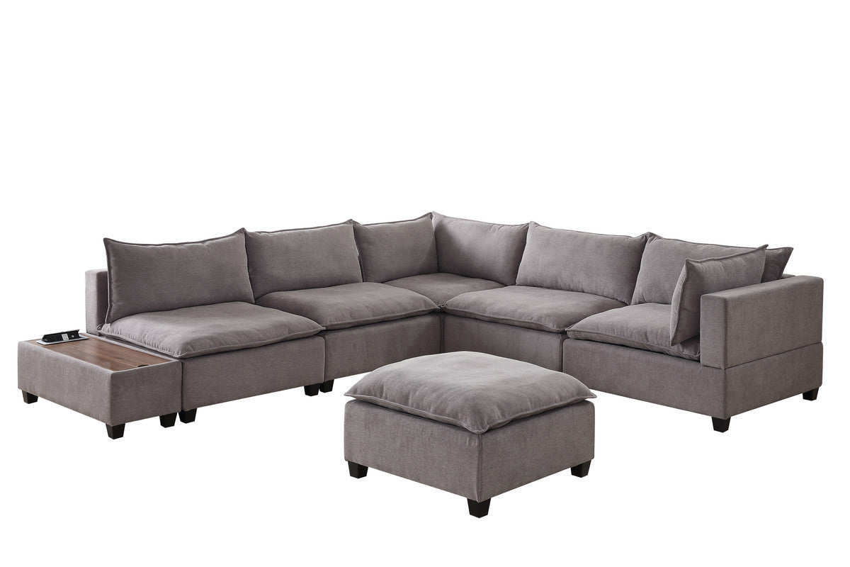 Madison Light Gray Fabric 7Pc Modular Sectional Sofa with Ottoman and USB Storage Console Table