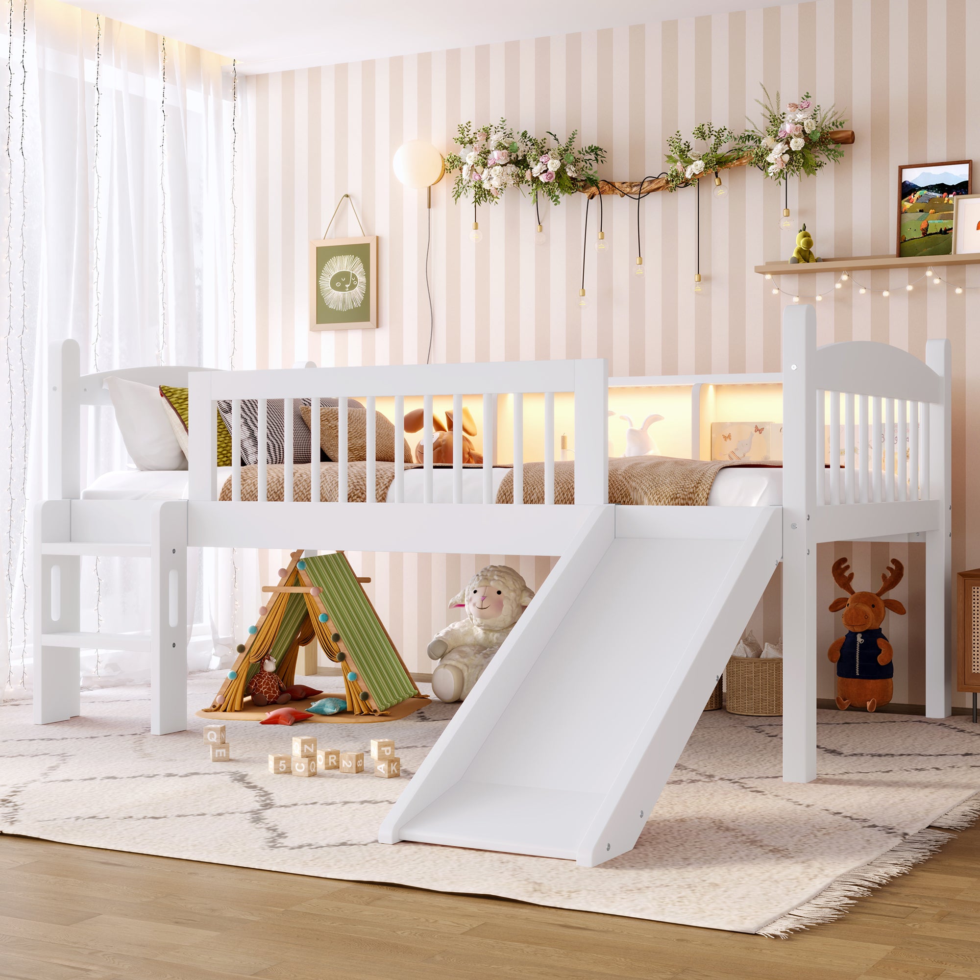 Twin Loft Bed with Storage Shelves, Solid Wood Lower Loft Bed with LED Lights and Full-length Guardrails, No Box Spring Needed, White