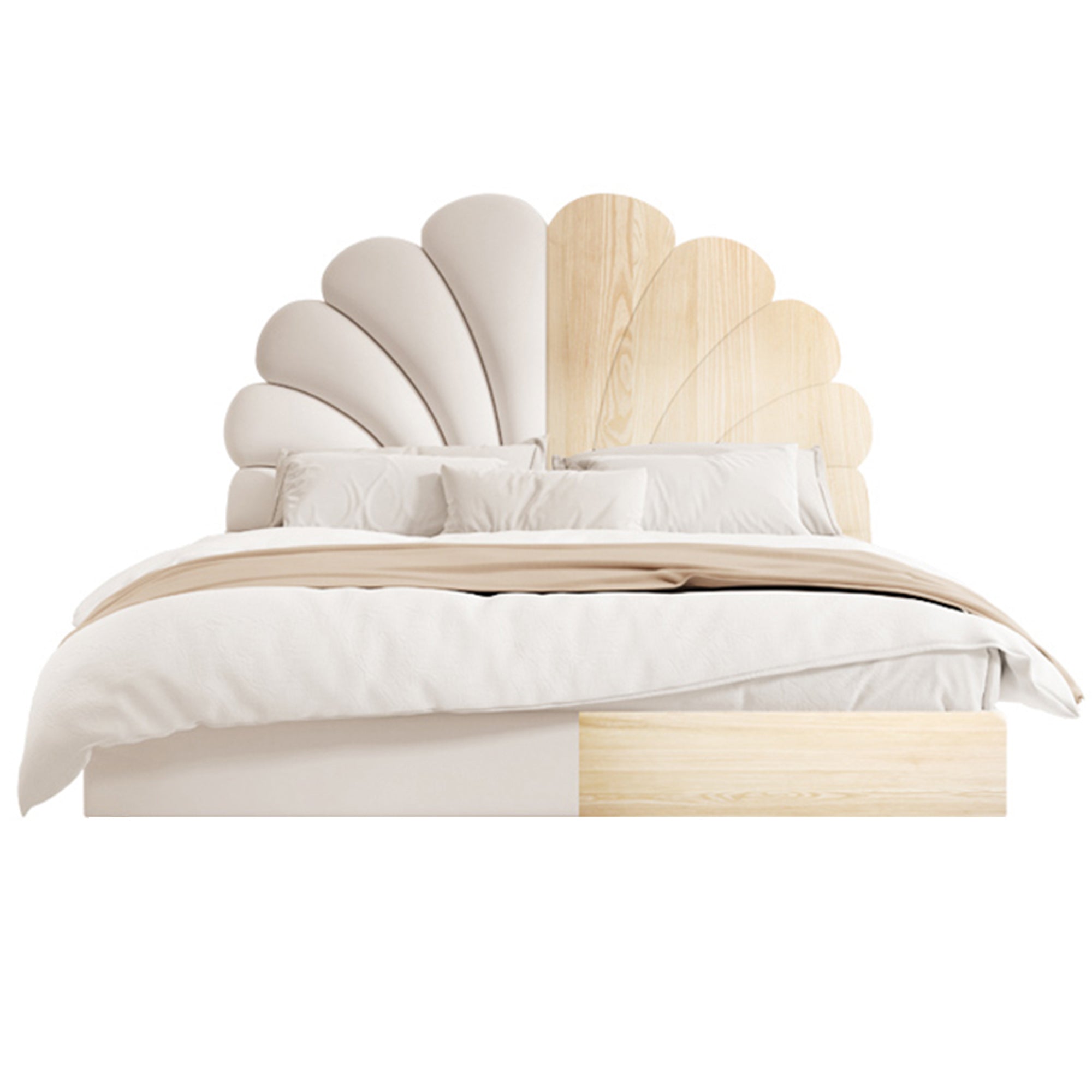 Modern Upholstered Leather Bed Frame with Petal shaped Headboard, Heavy Duty Platform Bed with Wood Slat Support