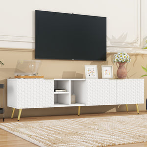 ON-TREND Modern Minimalist Geometric TV Cabinet with Metal Handles and Gold Legs for TVs Up to 80'', Multi-functional TV Stand with Storage Cabinets, Entertainment Center for Living Room, White