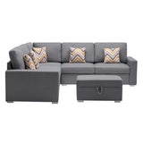 Nolan Gray Linen Fabric 6Pc Reversible Sectional Sofa with Pillows, Storage Ottoman, and Interchangeable Legs